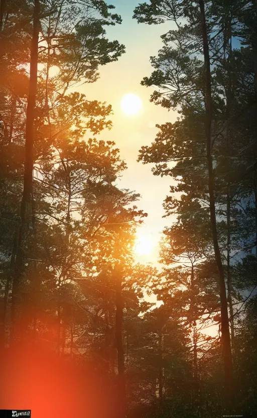 Image similar to an aperture in the woods of a forest of japanese pines close to a lake, a big red sun in the background, front trading card, photorealistic, high details, trending on behance, 8k, stunning, volumetric, ray tracing