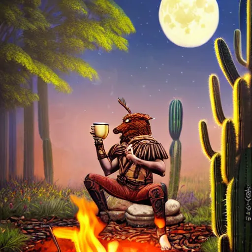 Image similar to richly detailed colored pencil 3 d illustration of spartan drinking tea at campfire with trichocereus background and smoke haze full moon ayahuasca peyote art by rossdraws range murata and artgerm fantasy