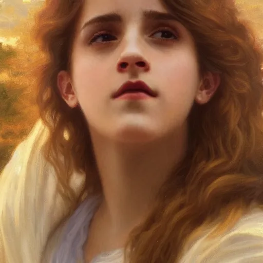 Image similar to Painting of Emma Watson as Hermione Granger. Extreme close up. Art by william adolphe bouguereau. During golden hour. Extremely detailed. Beautiful. 4K. Award winning.