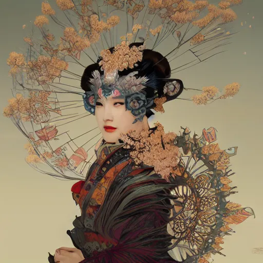 Image similar to a photorealistic dramatic fantasy render of a beautiful woman wearing a beautiful intricately detailed japanese monkey kitsune mask and clasical japanese kimono by wlop, artgerm, greg rutkowski, alphonse mucha, beautiful dynamic dramatic dark moody lighting, shadows, cinematic atmosphere, artstation, concept design art, octane render, 8 k