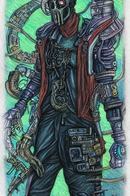 Prompt: cyberpunk occultist eldritch austronaut, colored pencil painting, high detail