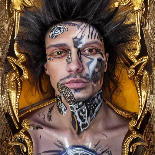 Image similar to an award finning closeup facial portrait by akseli kallen gallela luis rogyo and john howe of a bohemian male cyberpunk traveller clothed in excessivelyg fashionable 8 0 s haute couture fashion and wearing ornate art nouveau body paint