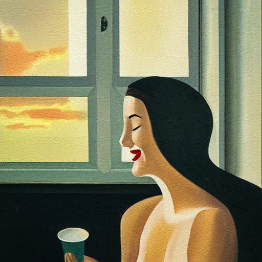 Image similar to oil painting of woman smiling with her eyes closed as she bathes in milk, evening moody lighting from art deco window