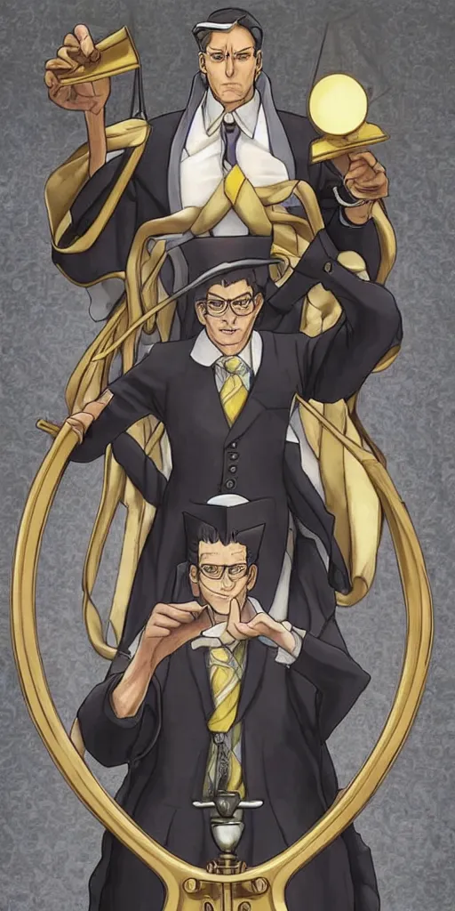 Image similar to the judge from Ace Attorney with a beam scale in one hand. Tarot card Justice, impressive art, detailed, singe subject