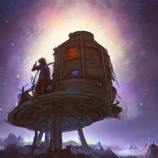 Prompt: modern binocular telescope looking at the starry sky, hearthstone coloring style, artwork by greg rutkowski, epic fantasy style art, fantasy epic digital art