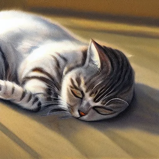 Image similar to realistic painting of a cat sleeping on a sidewalk at midnight highly detailed trending on art station