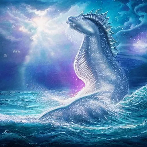 Image similar to a beautiful, celestial, oceanic hippocampus rising from the sea, fantasy art,