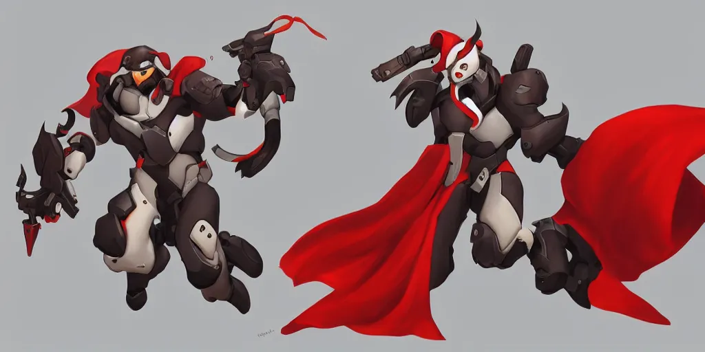 Prompt: new overwatch hero concept art, penguin with red scarf, game concept art