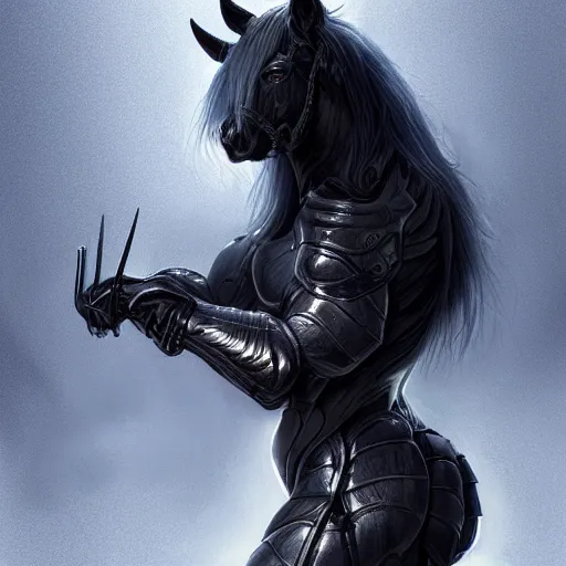 Image similar to an enormously muscular black - coated anthro horse wearing skintight armor, long white hair, high - tech facility background, highly detailed, digital painting, artstation, concept art, illustration, art by artgerm, greg rutkowski, wlop