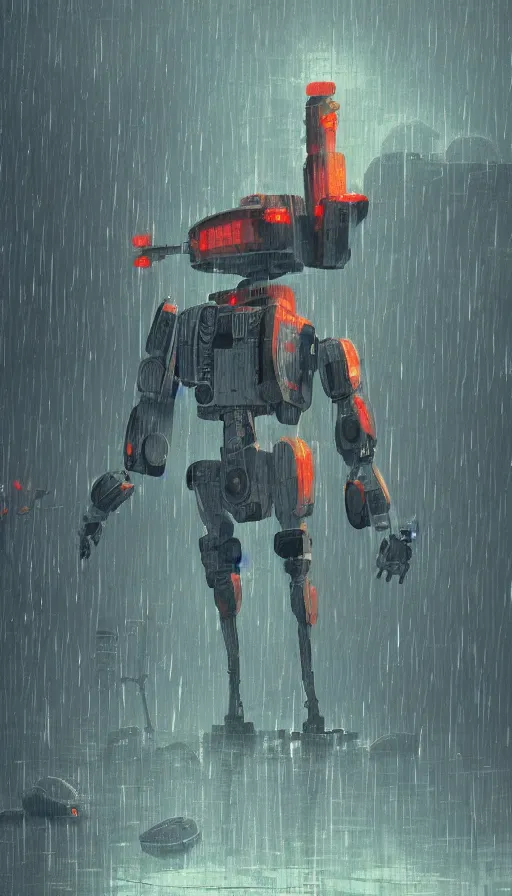 Image similar to a giant broken robot in rain, tired, island, rustic, dormant, nearby, sharp focus, james gilleard, cinematic, game art, extremely detailed digital painting, print