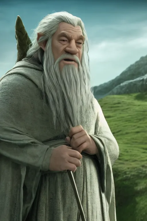 Image similar to film still of gandalf as shrek in lord of the rings movie, glamour pose, dramatic lighting, octane, volumetric lighting, 8 k