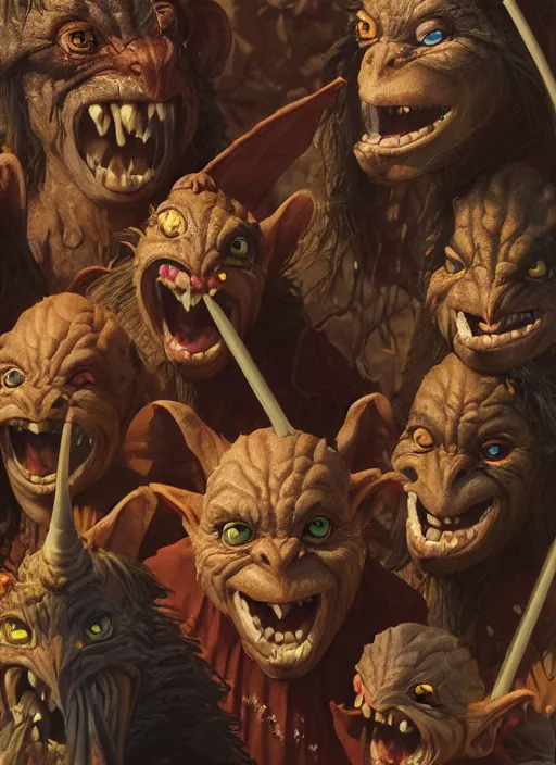 Image similar to highly detailed closeup group portrait of medieval goblins having a party, stephen bliss, unreal engine, greg rutkowski, ilya kuvshinov, ross draws, hyung tae and frank frazetta, tom bagshaw, tom whalen, nicoletta ceccoli, mark ryden, earl norem, global illumination, god rays, detailed and intricate environment