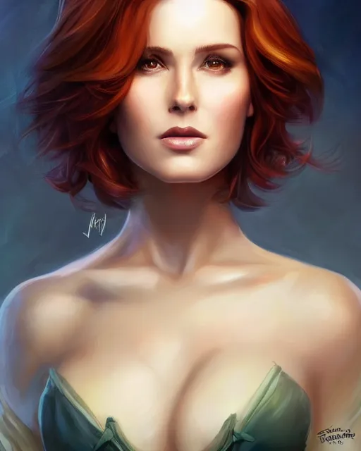 Image similar to a stunning portrait of triss merigold with short bob hair, digital art by julie bell and artgerm and ross tran and angel ganev, medium shot portrait, highly detailed, trending on artstationhq