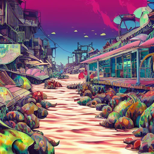 Prompt: painted anime background of a flooded underwater slums shopping district located by a waterfall and built from various sea shells and corals and being reclaimed by nature, seaweed, light diffraction, litter, steampunk, cyberpunk, cool colors, caustics, anime, vhs distortion, shot underwater looking up, inspired by splatoon by nintendo, art created by miyazaki