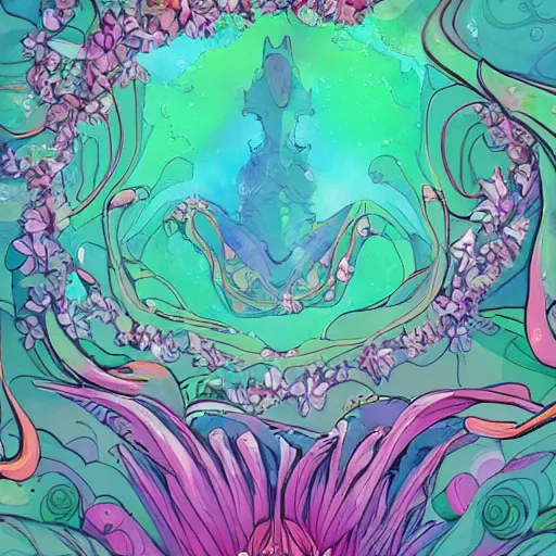 Image similar to Digital art. This illustration is a large canvas, covered in a wash of color. In the center is a cluster of flowers, their petals curling and twisting in on themselves. The effect is ethereal and dreamlike, and the overall effect is one of serenity and peace. Jetsons by Josan Gonzalez