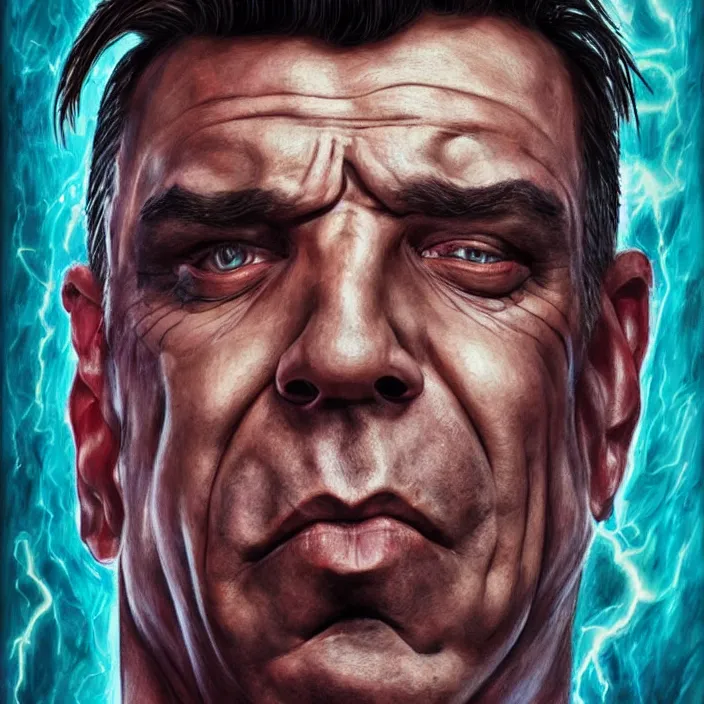 Image similar to portrait of till Lindemann, wearing The Infinity Gauntlet. Caricature artwork. trending on artstation, very coherent symmetrical artwork. avengers. thanos. cinematic, hyper realism, high detail, newspaper illustration, iridescent accents