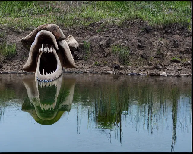 Image similar to wise zulu elder has a sharp line of teeth. my teeth are sharp. there is a lake in the foreground with water reflections.