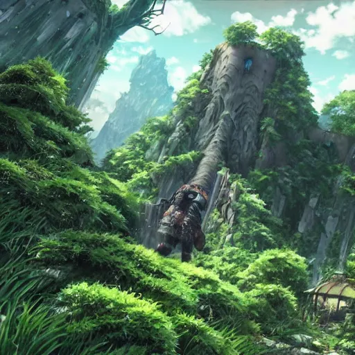 Prompt: a giant troll in city ruins overtaken by vegetation in anime style highly detailed by makoto Shinkai and Raphael Lacoste