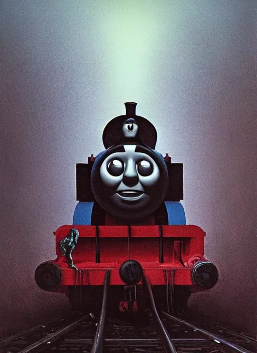 Image similar to thomas the tank engine in style of zdzisław beksinski, extremely dramatic lighting, 8 k, tendrils, black, darkness, black slime tendrils, infected, rust, body horror, thomas the train, thomas the tank engine face, horror,