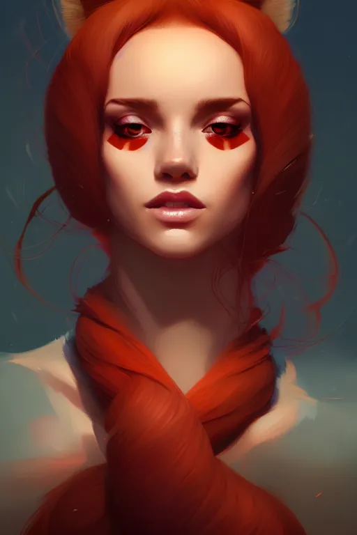 Image similar to a detailed portrait of a beautiful woman with ( red panda ) features, in professional makeup, dramatic lighting, by lois van baarle, ross tran, greg rutkowski, 4 k, trending on artstation