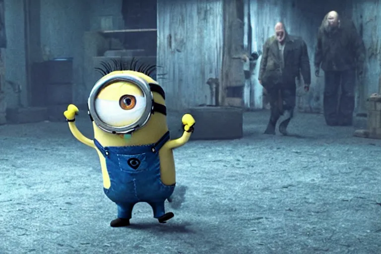 Prompt: a still of minion in the ring movie, gru's dead body, scary, horror movie, scary, a still movie