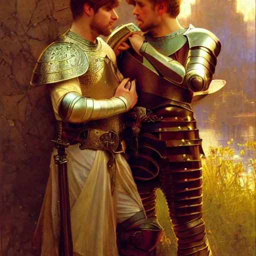 Image similar to attractive arthur pendragon and his attractive male knight, they are in love, natural lighting, path traced, highly detailed, high quality, digital painting, by gaston bussiere, craig mullins, alphonse mucha j. c. leyendecker