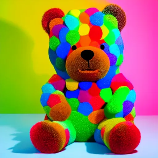 Image similar to high quality photo of a giant gummi bear made in rainbow colors in front of a white background