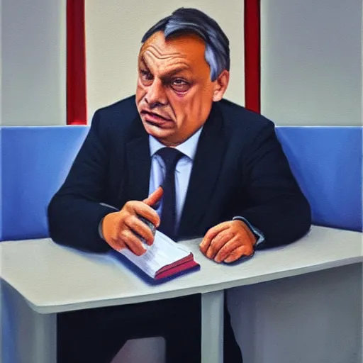 Image similar to viktor orban tiktok on his phone in a cubicle, oil painting