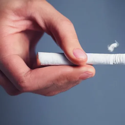 Image similar to Close-up of highly realistic hand holding cigarette with smoke, white background, 4K