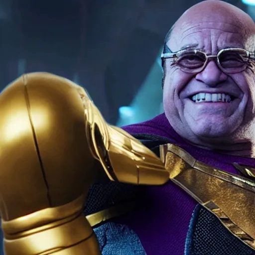Image similar to movie still of danny devito as thanos snapping infinity gauntlet, movie quality, 4 k