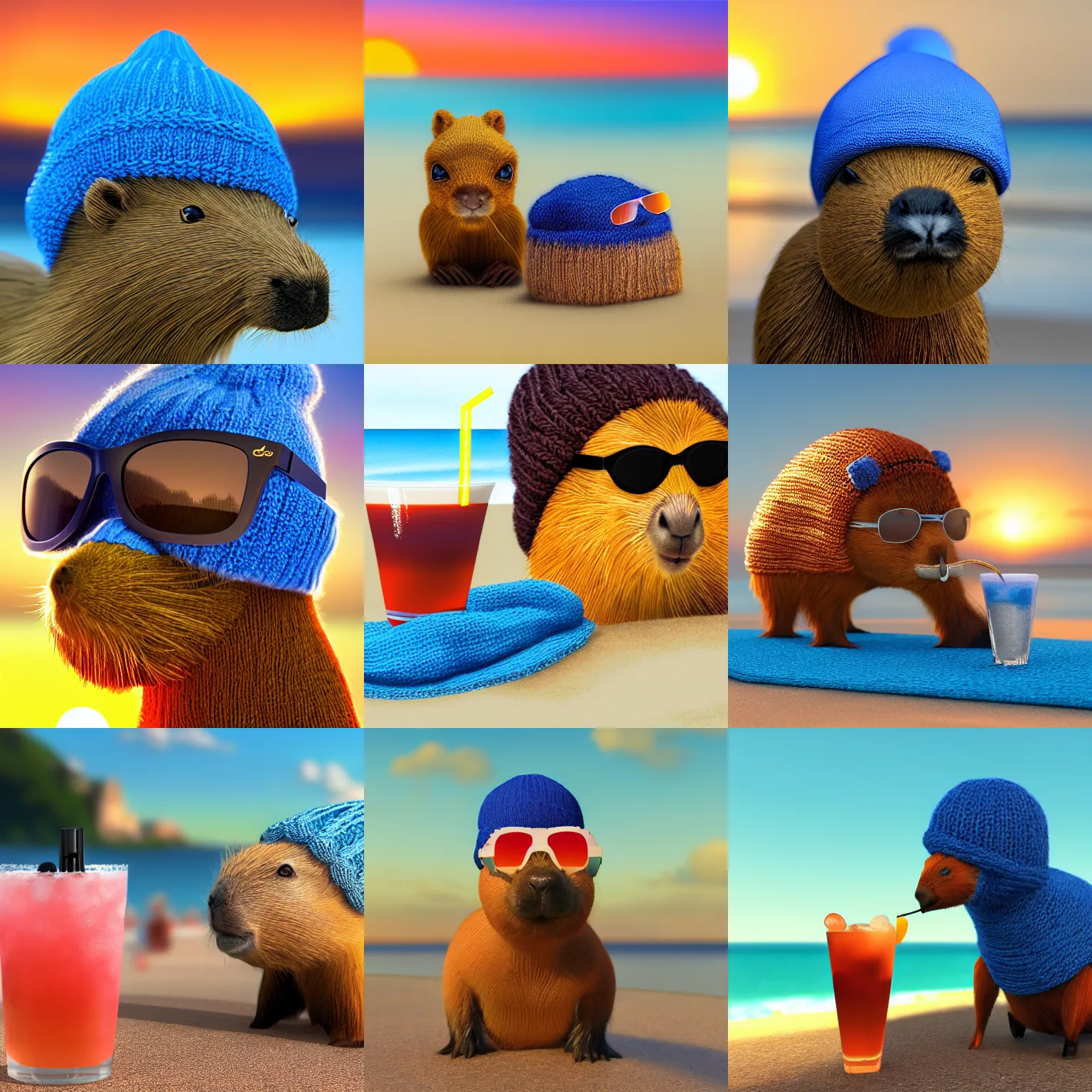 Prompt: a photorealistic picture of a knitted Capybara wearing sunglasses, a blue beanie cap and sipping from a cosmopolitan drink at the beach during sunset Trending on Artstation, featured on Behance, well-rendered, fine detail, extra crisp image, Unreal Engine, 4K HD