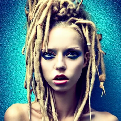 Image similar to astonishingly beautiful woman in tattered clothes revealing body, blonde dreadlocks, make up, vivid colors