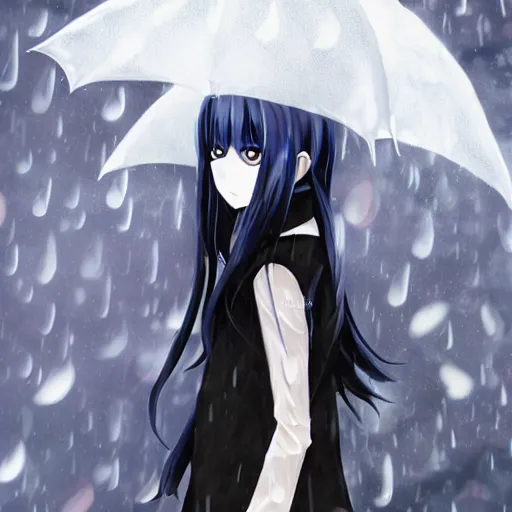 Image similar to 1 7 - year - old anime goth girl, black hair, long bob cut, long bangs, gothic coat, long bangs, united kingdom, rainy day, small town in great britain, midlands, english village, ultra - realistic, sharp details, cold lighting, blue and gray colors, intricate details, subsurface scattering, hd anime, 2 0 1 9 anime