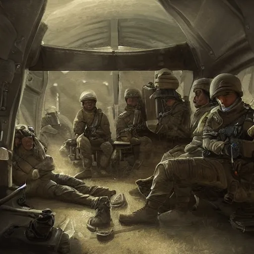 Image similar to soldiers sitting inside a plane on their way to the battlefield, an emotionless look on their faces, digital painting, highly detailed, illustration, intricate, in the style of grek rutkowski