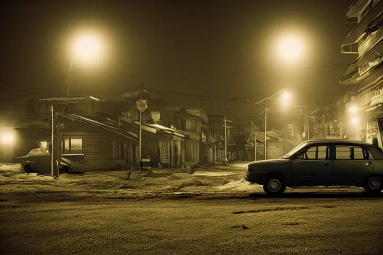 Image similar to an emty street of a city on the Moon called Noviy Norilsk, with a car at night with only by one street light, photo by Gregory Crewdson,