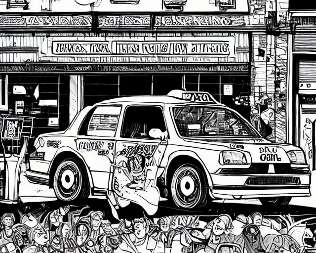 Prompt: a study of cell shaded cartoon of a taxi can infront of a store front, road, illustration, vivid colors, post grunge, concept art by josan gonzales and wlop, by james jean, Victo ngai, David Rubín, Mike Mignola, Laurie Greasley, highly detailed, sharp focus, alien, Trending on Artstation, HQ, deviantart, art by artgem