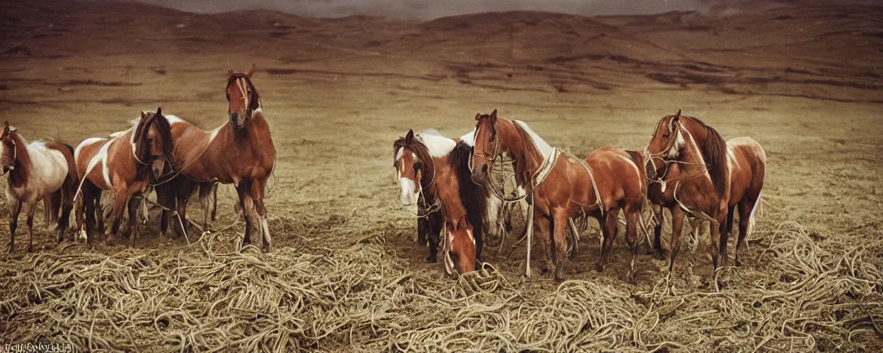 Prompt: horses eating spaghetti, battle of the somme, world war 1, canon 5 0 mm, kodachrome, in the style of wes anderson, retro