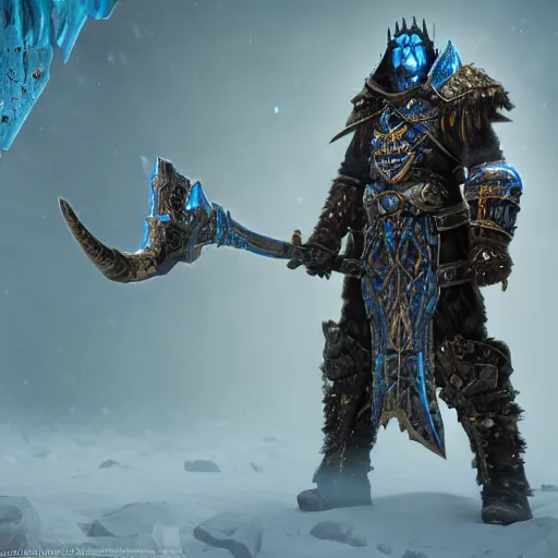 Image similar to the lich king in ark survival evolved, au naturel, hyper detailed, digital art, trending in artstation, cinematic lighting, studio quality, smooth render, unreal engine 5 rendered, octane rendered, art style by klimt and nixeu and ian sprigger and wlop and krenz cushart