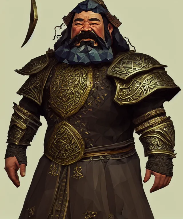 Image similar to 3D low poly render of old mongolian dwarven general portrait, armored, face, long hair, moustache, goatee, fantasy, intricate, elegant, highly detailed, digital painting, artstation, concept art, smooth, sharp focus, illustration, art by artgerm and greg rutkowski and alphonse mucha, in style of wold of warcraft