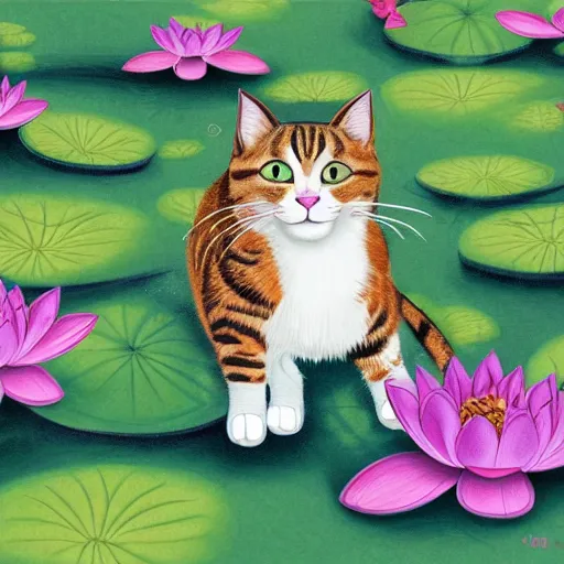 Prompt: pixar style illustration of a cat in woods, lotus flowers