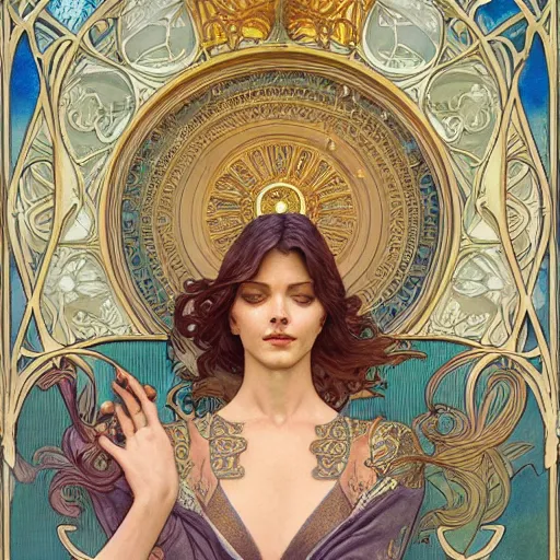 Prompt: god, highly detailed, very intricate, art nouveau, gold filigree, soft cinematic lighting, award winning, tarot concept art watercolor illustration by mandy jurgens and alphonse mucha and alena aenami, pastel color palette, featured on artstation