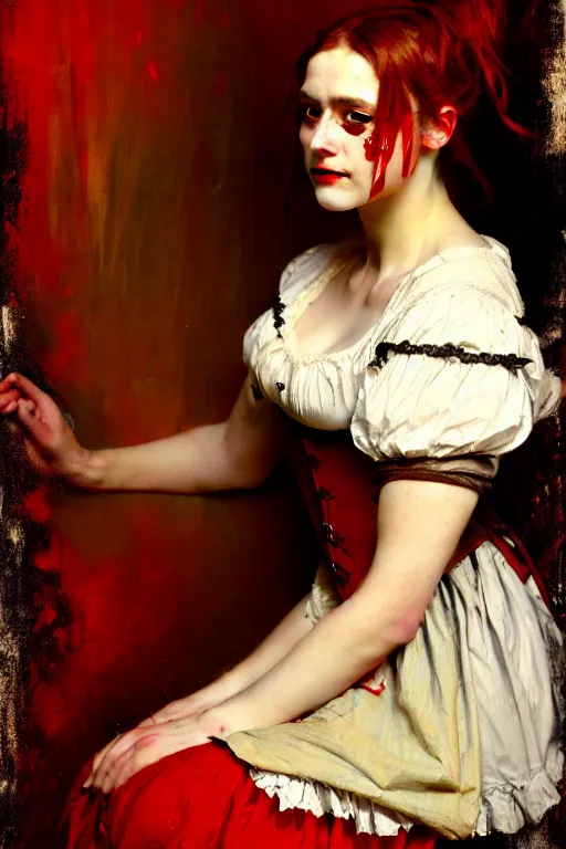 Image similar to solomon joseph solomon and richard schmid and jeremy lipking victorian genre painting full length portrait painting of a young beautiful woman traditional punk rock german french actress model pirate wench in fantasy costume, red background