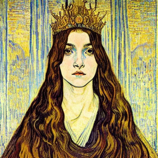 Image similar to detailed realistic beautiful young medieval queen face portrait by jean delville and vincent van gogh, art nouveau, symbolist, visionary, gothic, pre - raphaelite