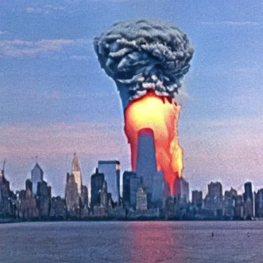 Image similar to photo of a nuclear explosion in new york in the year 1 9 8 9, color picture