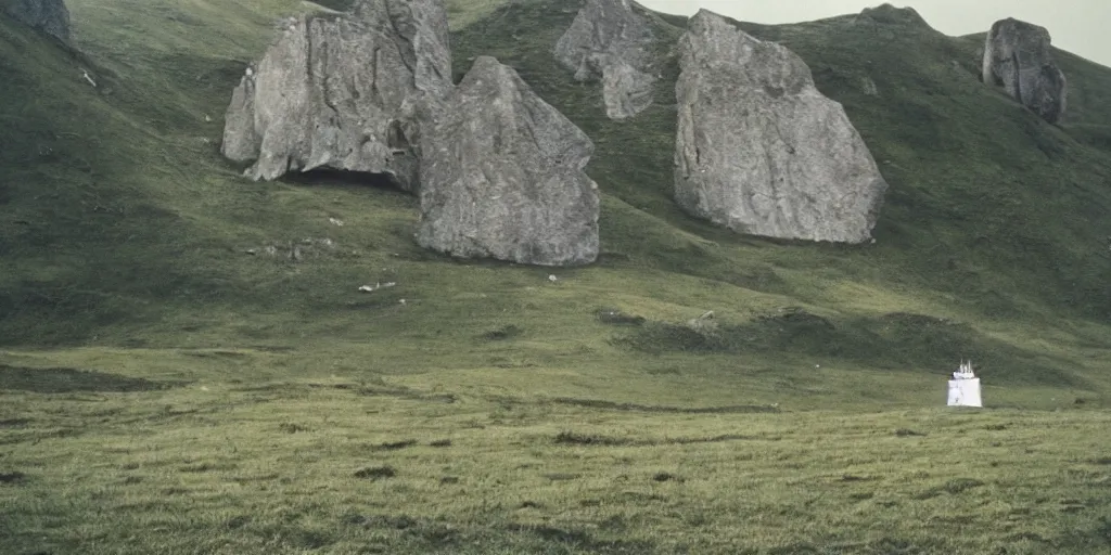 Image similar to A full color still from a Stanley Kubrick film featuring a a large black tower made of stone in a green valley, 35mm, 1975