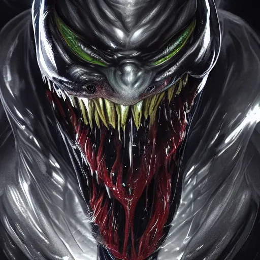 Image similar to joker venom portrait, close up, futuristic sci-fi, alien fabric, venom costume, black slime, roots, chrome mask, beams of light, fog atmosphere, highly no detailed, atmospheric, dark aesthetics, artstation, octane rendering, ultra realistic, 8k