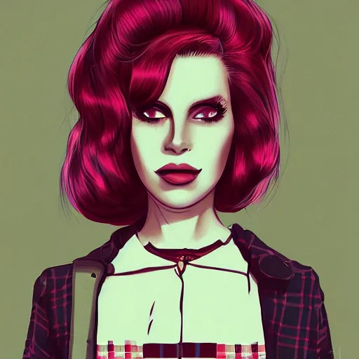 Image similar to full headshot portrait of Lana del ray punk, digital art, drawn by WLOP, by Avetetsuya Studios, anime manga panel, trending on artstation, wearing a plaid shirt