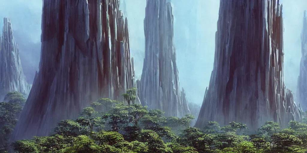 Image similar to a futuristic vertical architecture right in the middle of a huge crater in a tropical forest, ralph maquarrie and syd mead cinematic matte painting, 4 k