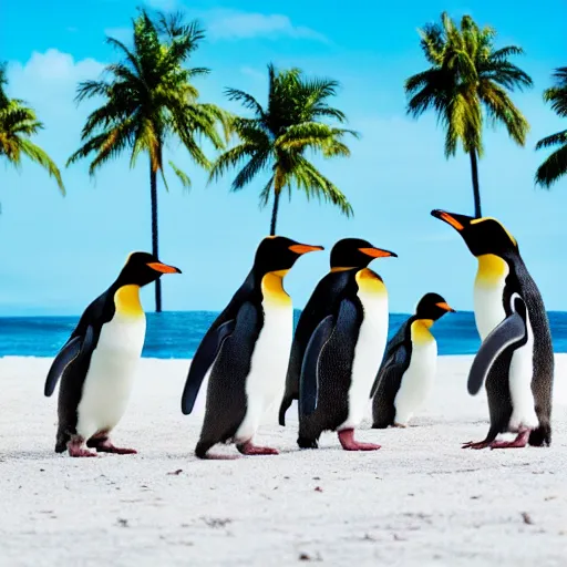 Prompt: photo of penguins on a tropical beach, palm trees, 50mm, beautiful photo