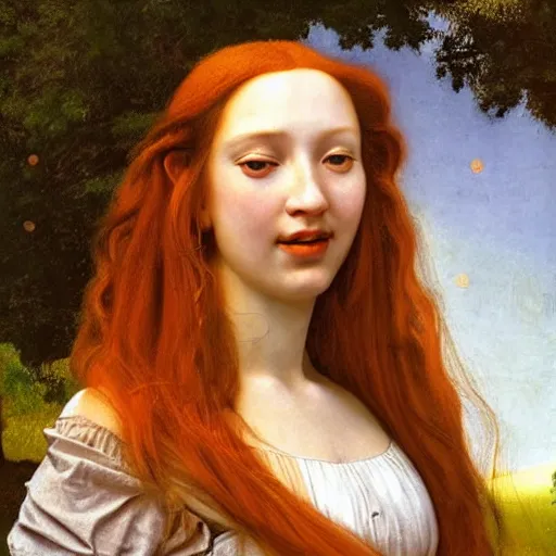 Image similar to portrait of a happy young woman, among the lights of golden fireflies and nature, long loose red hair, intricate details, green eyes, hint of freckles, round gentle face, gorgeous dress, deep focus, smooth, sharp, golden ratio, hyper realistic digital art by artemisia lomi gentileschi and leonardo da vinci and artgerm